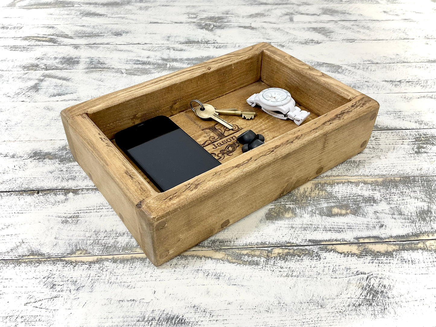 Personalised Wooden Valet Tray, Rustic Handmade Catch All Tray, Handcrafted Monogrammed Office Desk Tidy
