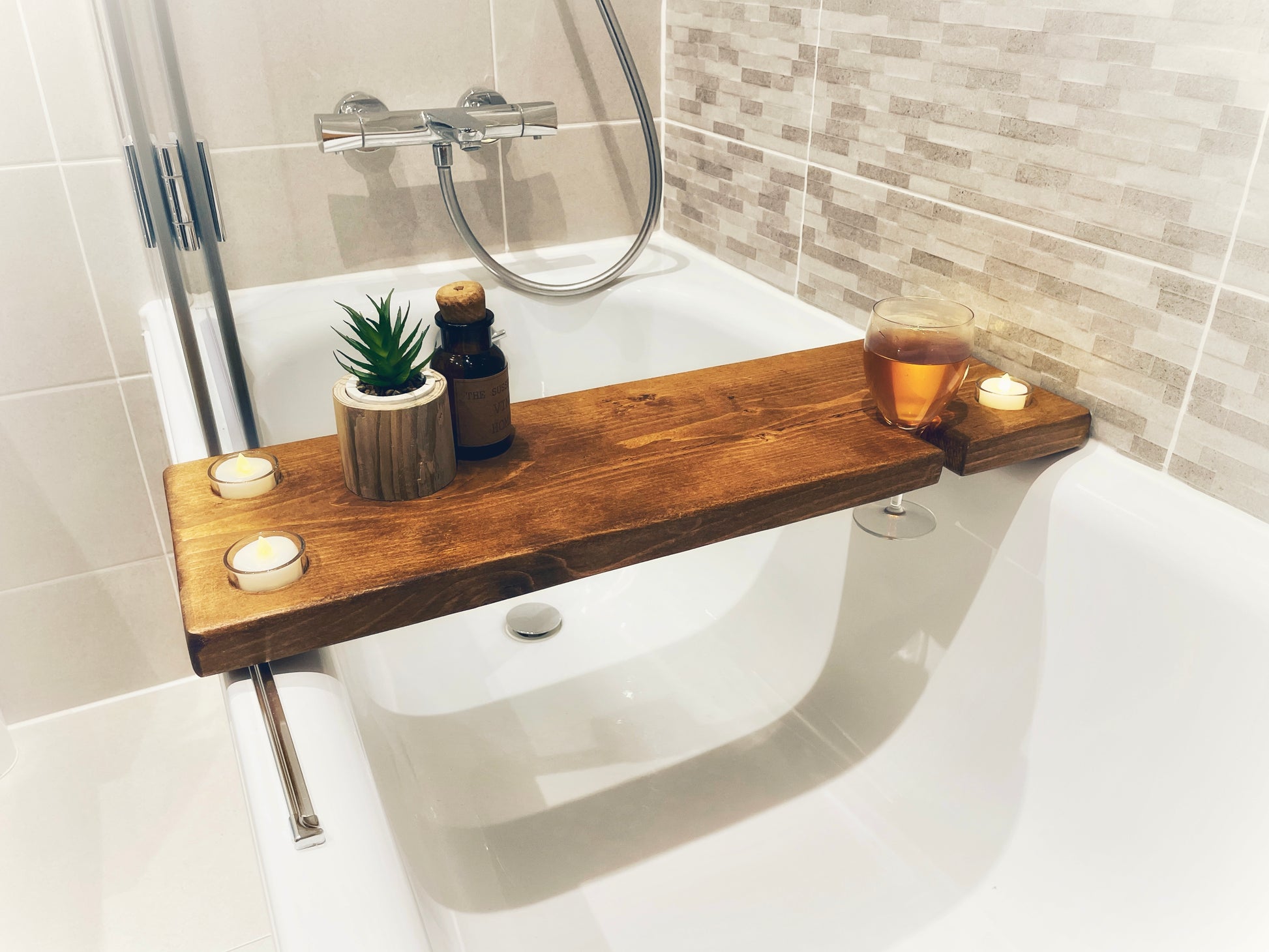 Wooden Bath Board With Glass Tea Light Holders & Wine Glass Holder, Rustic Bathtub Tray, Solid Wood Bath Rack, Custom Bath Caddy, Bath Decor
