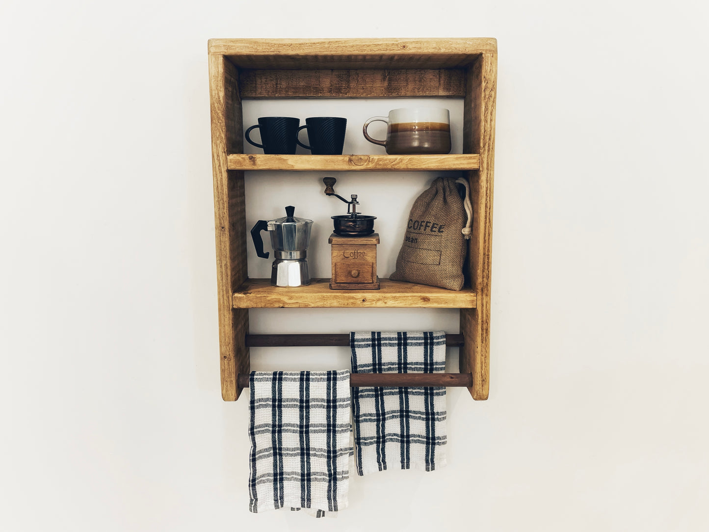 Kitchen Shelving With Towel Rail, Handmade Wooden Pantry, Storage Shelves, Solid Pine Shelf, Tea Towel Rack