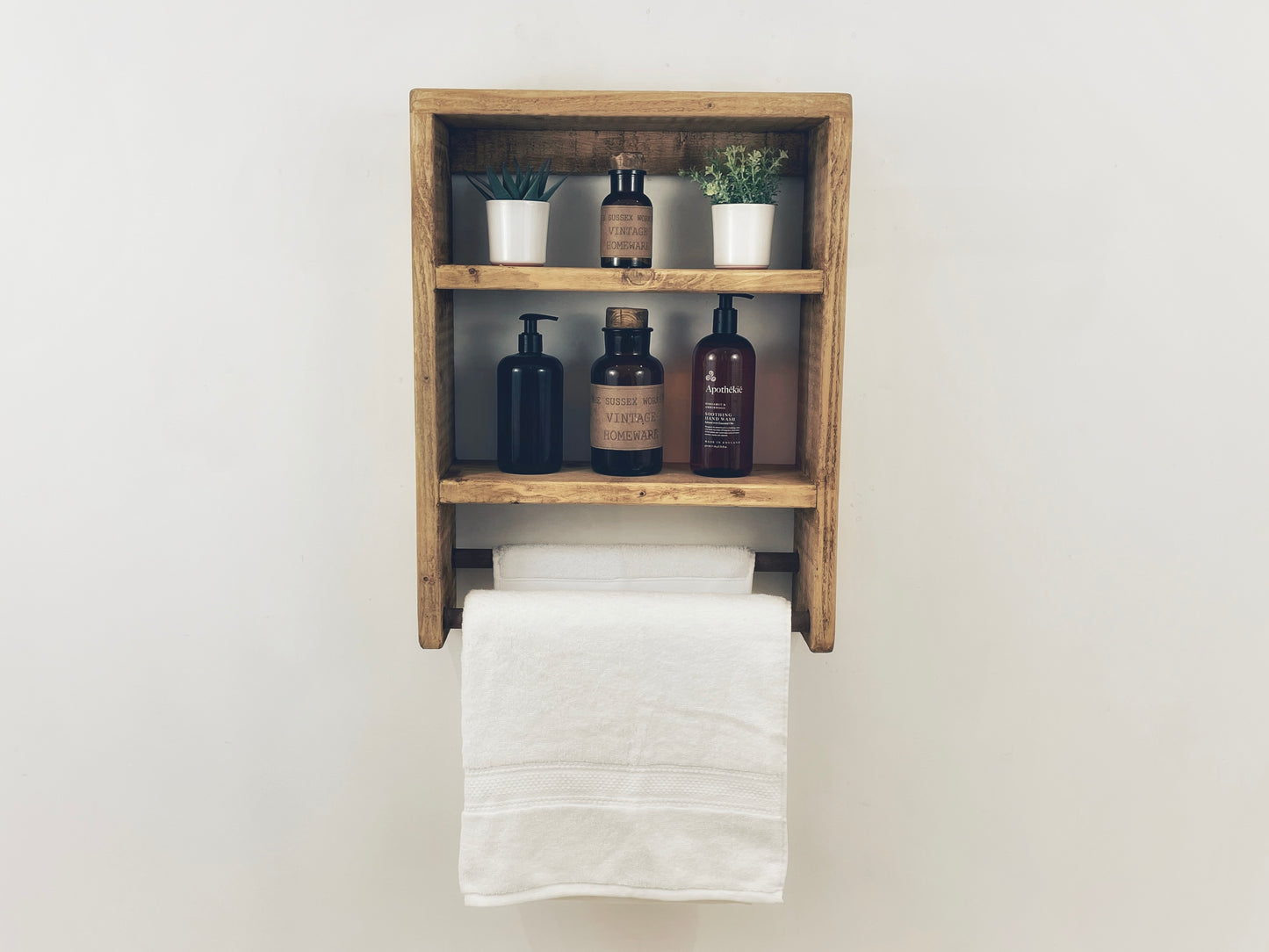 Bathroom Shelving Unit With Double Towel Rail, Handmade Modern Rustic Farmhouse Shelves, Bespoke Wooden Storage