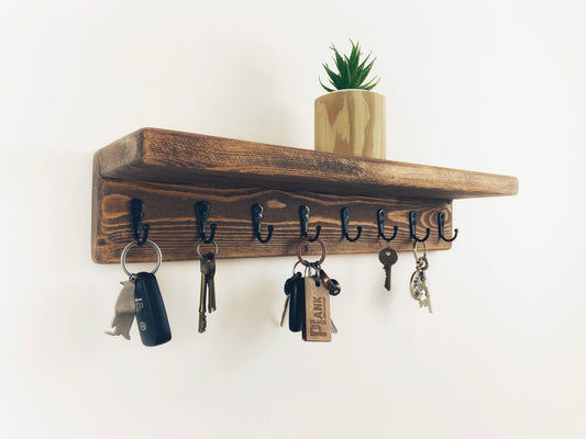 Wooden Key Holder With Shelf, Rustic Wall Mounted Key Rack, Handcrafted Hallway Storage, Metal Key Hooks, Handmade Shelving, Solid Wood