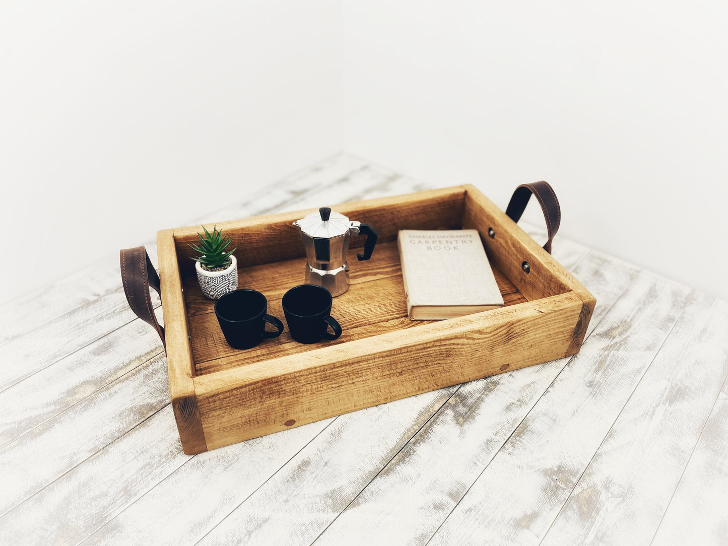 Wooden tray with leather handles Rustic Farmhouse Serving Tray With Leather Handles, Wooden Scandi Breakfast Tray, Handmade Home Decor, Footstall Ottoman Coffee Table Tray