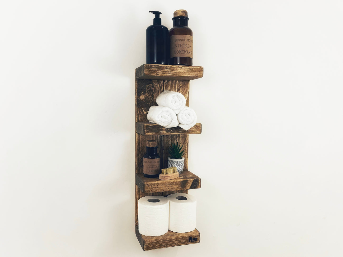 vertical open 4 shelves Wooden Shelving Unit, Rustic Bathroom Wall Shelves, Toiletries Storage and Organisation, Handcrafted Furniture