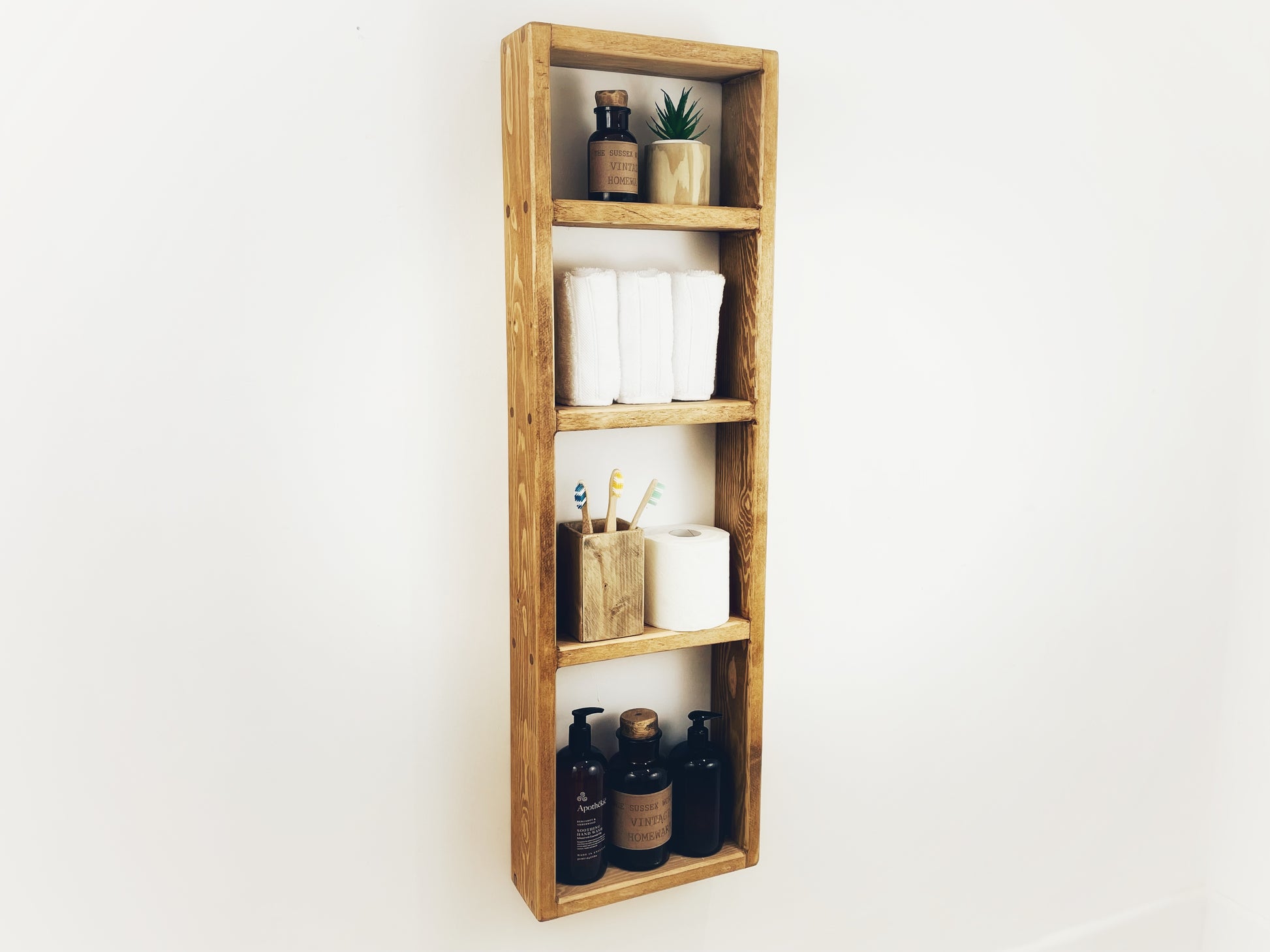 wooden Storage unit wall hung Wooden Shelving Unit, Handmade Bathroom Storage, Rustic Open Wall Shelves, Slimline Design, Bath Toiletries and Accessories Display Shelf