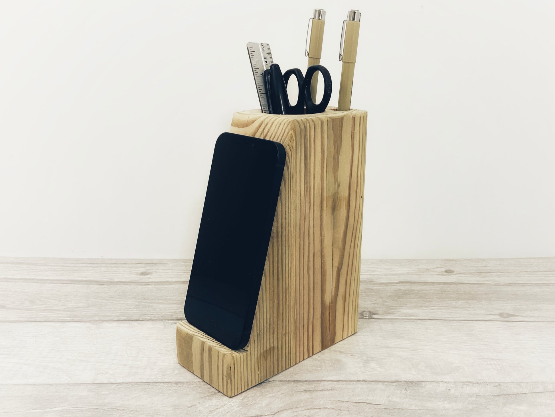 Wooden Desktop Phone Stand and Pencil Holder Wooden Desktop Phone Stand/Pencil Holder, Phone Holder, Desktop Organiser, Rustic Office Desk Caddy, Stationery Holder