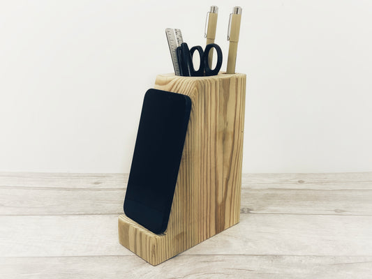 Wooden Desktop Phone Stand and Pencil Holder Wooden Desktop Phone Stand/Pencil Holder, Phone Holder, Desktop Organiser, Rustic Office Desk Caddy, Stationery Holder